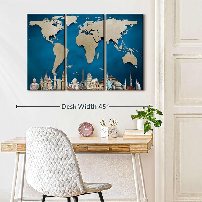 ElephantStock Ocean Blue World Map Multi Piece Canvas - 3 Panel Wall Decor - Map of the World Art - Canvas for the Office and Home - 38" X 24"