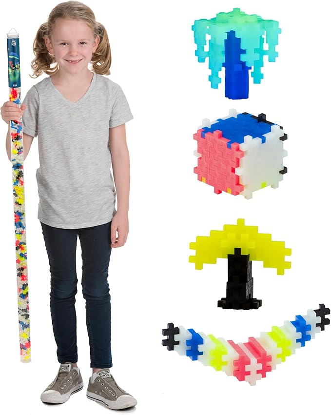 Plus Plus 500 Piece Super Tube, Interlocking Building Block 3D Puzzle Kit, Kids Stem Connecting Toys - Glowing Color Mix