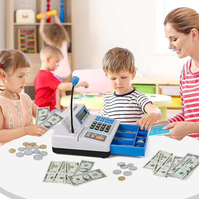 Calculator Cash Register - 103 Pcs Toy Cash Register, Store Set with Microphone, Credit Card and Banking for Kids, Early Math Skills Toys Gifts for 3, 4, 5, 6 7 8+ Years Old Boy Girl
