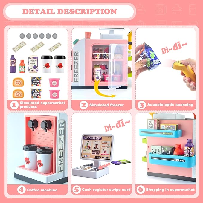 Pretend Play Cash Register Toy Set with Scanner, Play Money, Calculator, Coffee Machine and Play Food for Kids Ages 3+ (Pink)