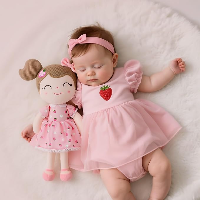 Gloveleya Baby Girl Gift – 16 Inches Strawberry Pink Plush Doll with Gift Box, Soft First Baby Doll for Toddler Girls, Birthday Present, Baby Shower & Holiday Keepsake