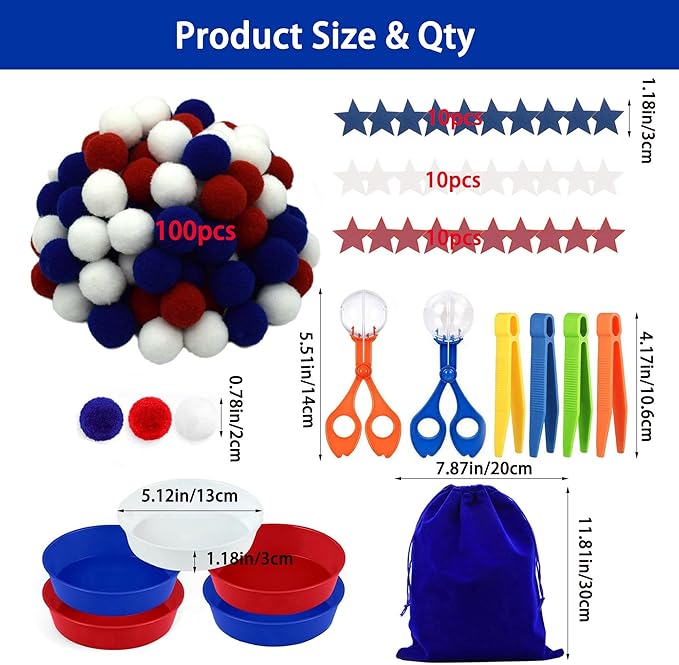 142pcs Fine Motor Skills Counting Sorting Sensory Bin Filler -100pcs Pompoms 30 Pcs Wooden Stars 5 Cups 4 Tweezers 2 Scissors 1pcs Storage Bag for Early Education Train (Blue White)