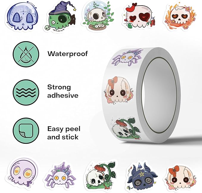 Halloween Party Favors, Halloween Stickers, 500 PCS Skull Vinyl Waterproof Stickers for Teens, Hall-oween Decorations Games Treats Classroom Crafts Gifts Party Supplies