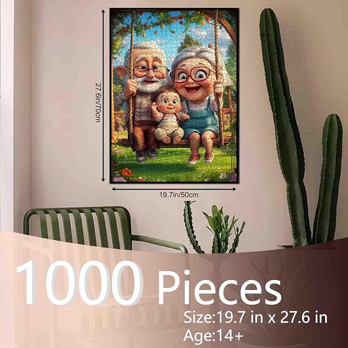 Happy Grandparents with Baby On Swing 1000 Piece Jigsaw Puzzle for Adults Students Garden with Wooden House Bright Colorful Art 20×27 Inches Relaxing Fun Puzzles for Brain Exercise and Home Decor