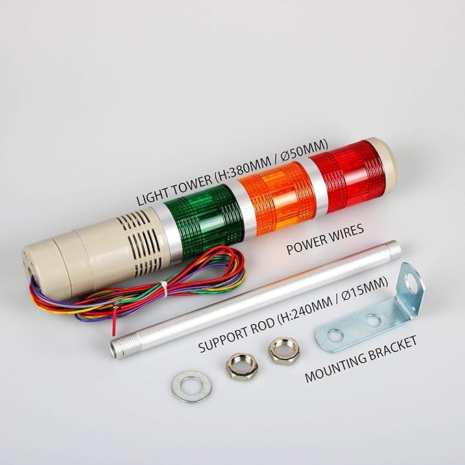 Industrial Signal Tower, Column LED Alarm Tower with Buzzer - 3-Layer Stack LED Warning Light for Safety (DC 12V/Sound/Steady ON)