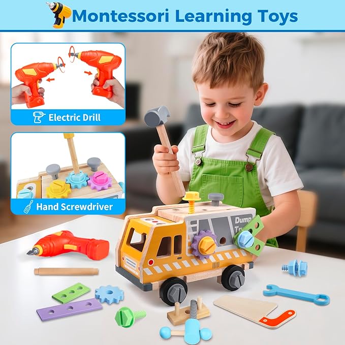 Kids Tool Set Toy with Drill Hammer, 38PCS Wooden Truck Boy Tool Set Construction Sensory Kit STEM Learning Toys, Montessori Pretend Play Boy Girls Kids Birthday Gift for Toddlers 1 2 3 4 5 6