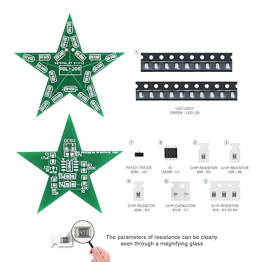 Soldering Practice Kit DIY Five Pointed Star Shaped Green LED Breathing Light SMD Electronics Projects Learn How to Solder(03XX02)