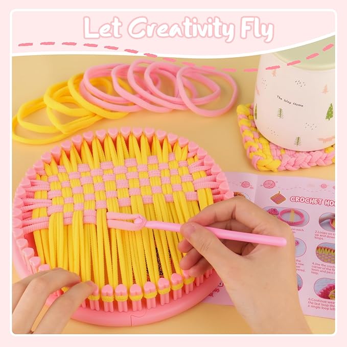 AHCo. Knitting Loom Kit for Beginners, Creative Craft Toy for Girls Ages 7 8 9 10 11 12 with Storage Bags Yarns Knitting Tools, Fantastic DIY Gifts Knit Hat Scarf Coaster (Pink)