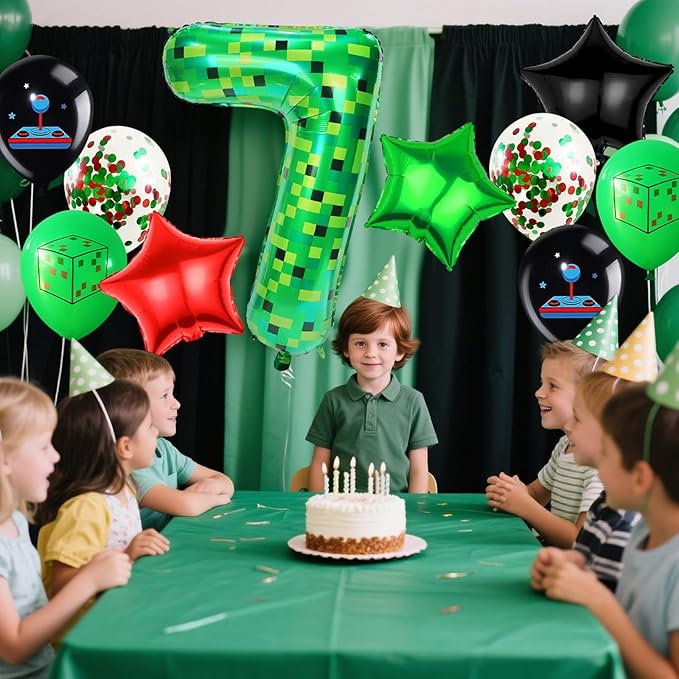 40in TNT Pixel Number 7 Balloon Birthday Decorations, Miner Theme Green Foil Balloons Blast Gaming Party Supplies