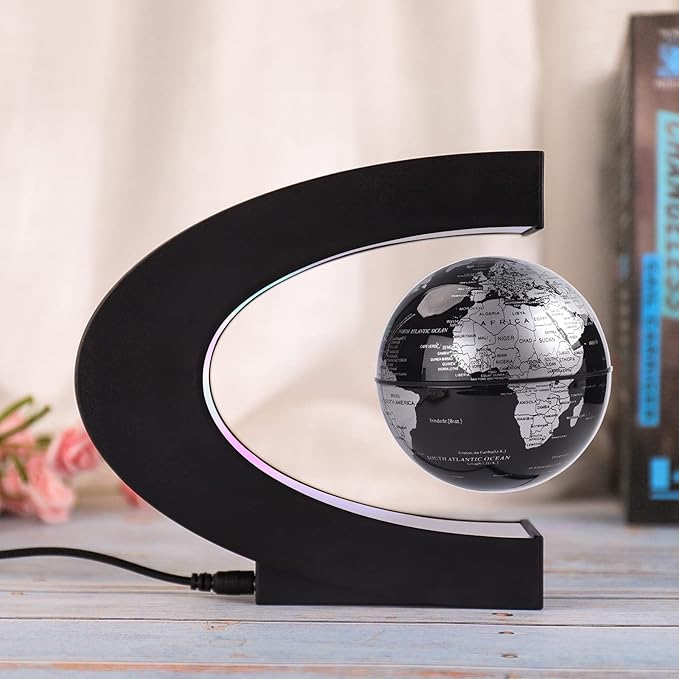 Floating Globe with Colored LED Lights C Shape Anti Gravity Magnetic Levitation Rotating World Map with Touch Switch for Gift Home Office Desk Decoration With Switch(Black)