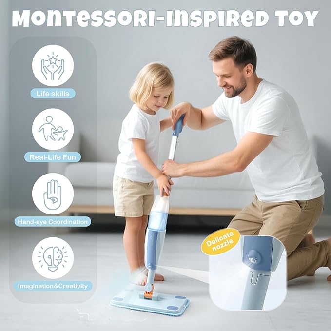 Dreamon Kids Spray Mop - Real Working Toddler Cleaning Set with Water Sprayer & 3 Washable Mop Pads & Scraper, Pretend Play Montessori Housekeeping Toys Gifts for Toddlers Kids Girls Boys(Blue)