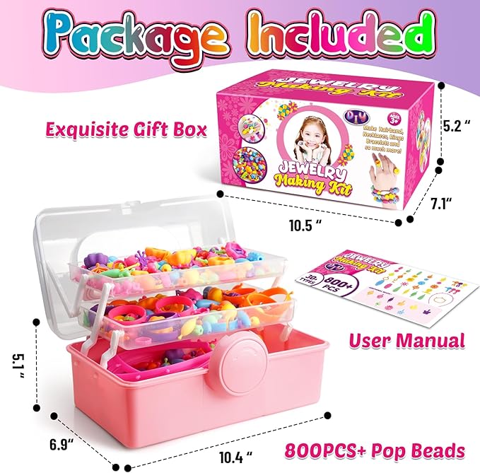 FUNZBO 850pcs Pop Beads - Jewelry Making Kit for 3 4 5 6 7 8 Year Old Little Girls, Arts and Crafts Toys for Kids, Necklace Bracelet Ring Hairband Creativity Snap Set Holidays Birthday Gifts