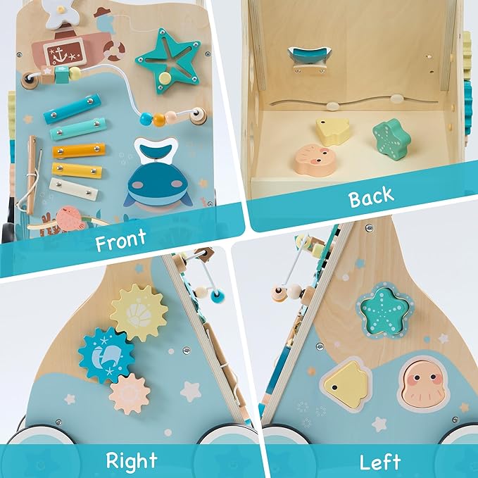 ROBOTIME Wooden Baby Push Walker, Ocean-Themed Wooden Baby Walker with Wheels, Sit-to-Stand Activity Center, Push Toy for Toddlers, for Boys and Girls