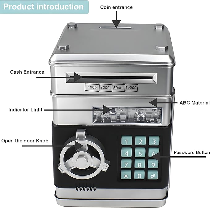 Piggy Bank Electronic Mini ATM for Kids Toy, Safe Money Saving Box Coin Banks Password Code Lock for 3-14 Years Old Kids, Boys Girls Ideal Gift (Silver)
