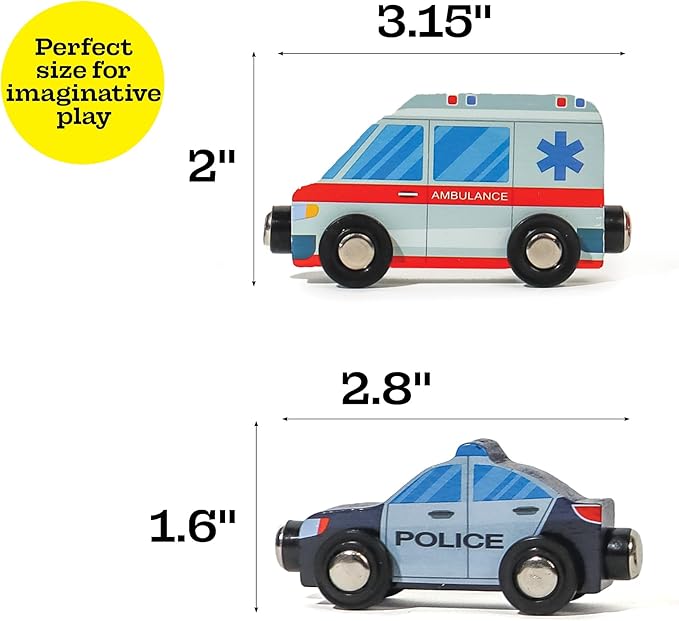 9 Piece Wooden Cars with Magnets - City Vehicles, Emergency Trucks, School Bus, Police, Fire, Ambulance, Taco Truck Toy - Community Helpers Play Set - Zany Trains