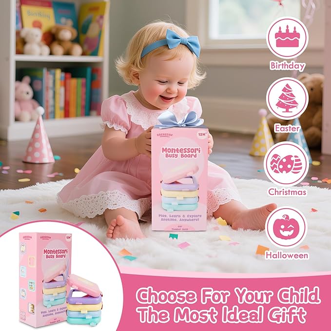 Montessori Toys for 1 Year Old Girls Gifts, Toddler Busy Board, Baby Learning Travel Sensory Toys for Toddlers 1-3, 1st Birthday Gifts, Easter Basket & Stocking Stuffer, Macarons