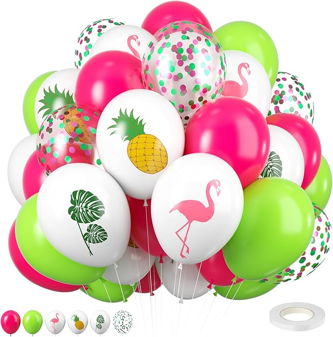 Tropical Balloons, 12 Inch Hot Pink Green White Balloon Leaves Flamingo Pineapple Printed Balloons for Summer Beach Hawaiian Luau Tropical Birthday Baby Shower Party Decorations