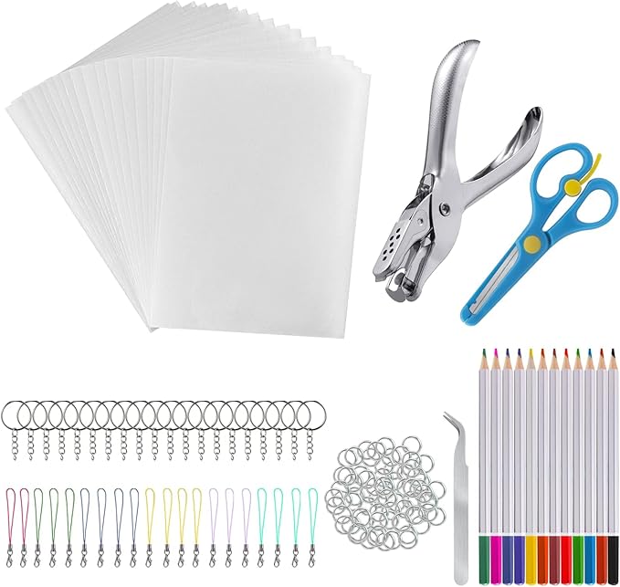 Shrinky Dink Sheets Kit Shrink Plastic Sheets Shrinky Dink Paper Kit with 25pcs Shrink Film Sheets+Tools Shrink Art Heat Shrink a Dink Shrinky Dink Keychain Kit for Create Keychains and DIY Crafts