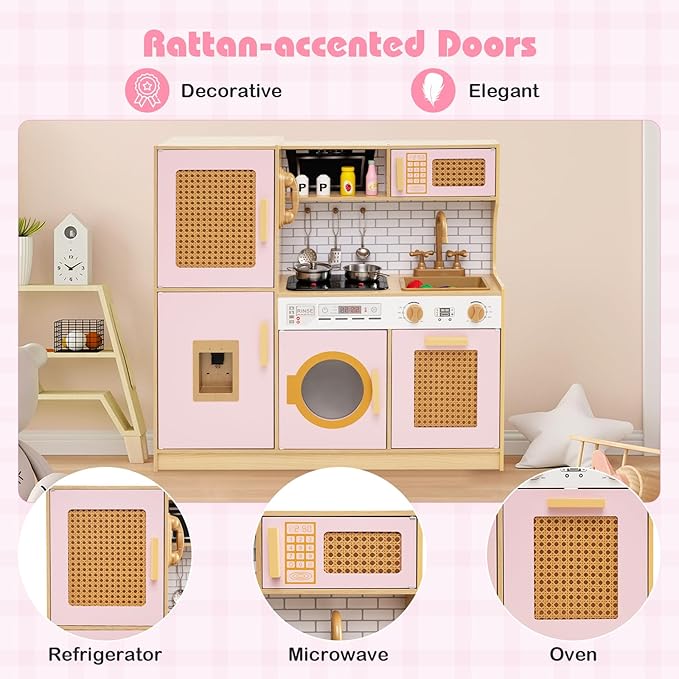 Costzon Kids Kitchen Playset, Wooden Play Kitchen w/Rattan Door, Realistic Lights & Sounds, Water Dispenser, Washing Machine, Cooking Accessories, Montessori Toy for Kids 3+ Year Old (Pink)