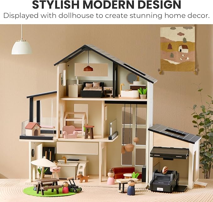 Tiny Land Wooden Dollhouse Garage Set – Realistic Design with Garage, Workbench,Lawn Mower & SUV Car, Expansion Dollhouse Furniture & Accessories for Doll house, Educational Pretend Play Gift for Kids