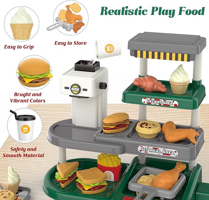 Kids Fast Food Pretend Play Set with Realistic Coffee Maker, Card Reader, Cash Register, Play Food (Burger, Fries, Sandwich), Play Money - Educational Toy Kitchen for Ages 3+