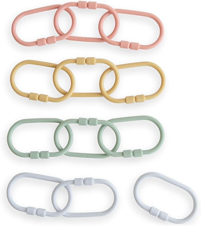 mushie Baby Chain Link Rings Toy 12-Count | Multiuse Car Seat Stroller Connecting Toy (Periwinkle, Mustard, Green, Coral)