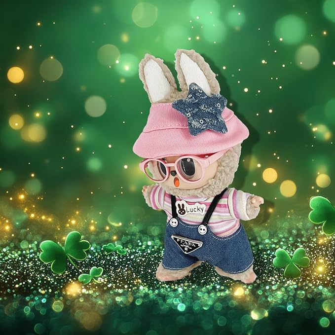17cm Clothes Set (NO Doll) 4PC Set Hat Glasses Overalls for 17cm Accessories Suit, Doll Clothing for Trendy Blind Box，Cute Clothes for LBB Doll Dress up Unique Style,Free Combination (Pink)