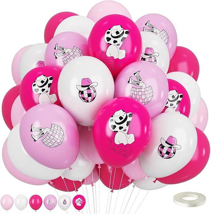 FEYG Cowgirl Balloons, 12 Inch Western Cowgirl Party Decorations Hot Pink Pastel Pink White Cow Party Balloons Cowgirl Print Balloons for Baby Shower Birthday Cowgirl Theme Party Supplies