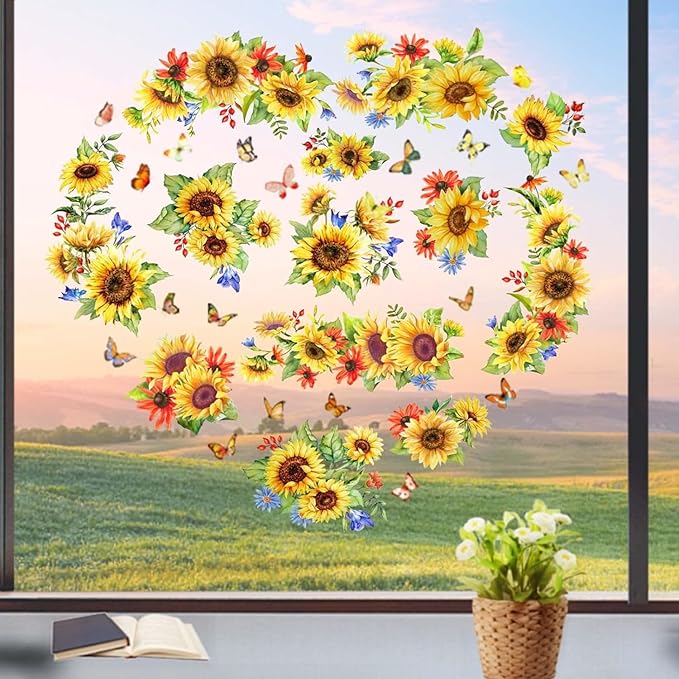 Sunflower Window Clings Spring Decorations Supply Summer Sticker Sunflower Decals Fall Window Decorations Autumn Clings Holiday Birthday Parties Bedroom Nursery Living Room Decor