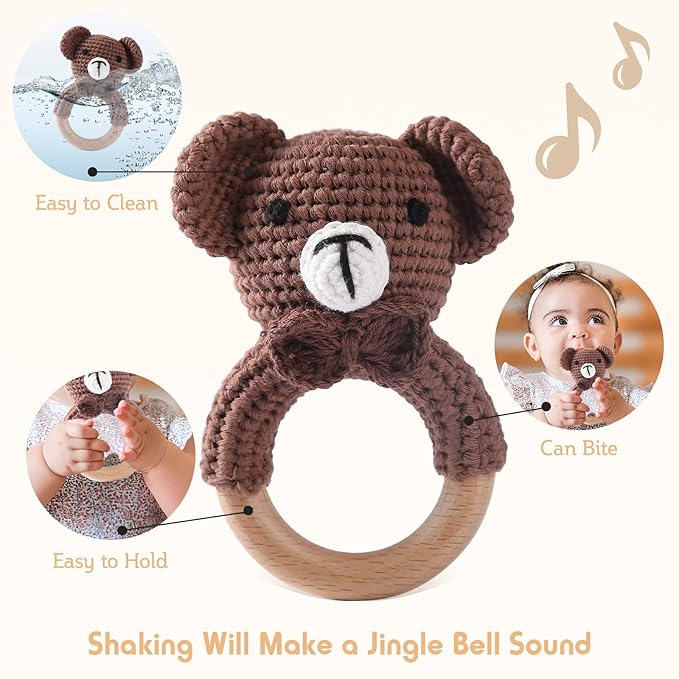 Wooden Baby Rattle Crochet Bear Baby Toys Handmade Newborn Toy Early Development Grips Stuffed Animal Organic Rattle