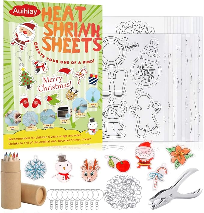 Auihiay 146 PCS Heat Shrink Plastic Sheet Kit Include 20 Shrink Paper with Christmas or Daily Pattern & 3 Blank Shrink Film Paper, Hole Punch, Keychains, Pencils for Kids Craft School Project
