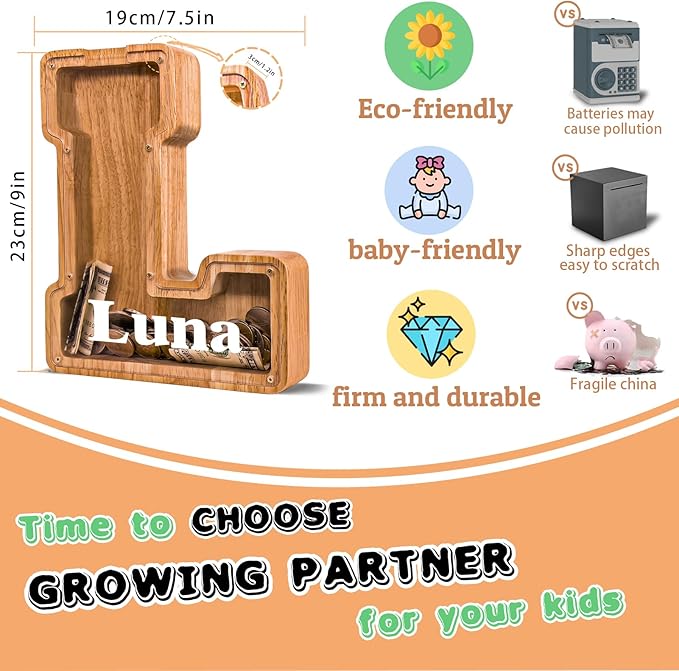 Wooden Letter Piggy Bank for Kids Larger Letter Piggy Bank for Boys and Girls Personalized Piggy Bank Initial Coin Bank Wood Kids Money Bank for Birthday and Festival