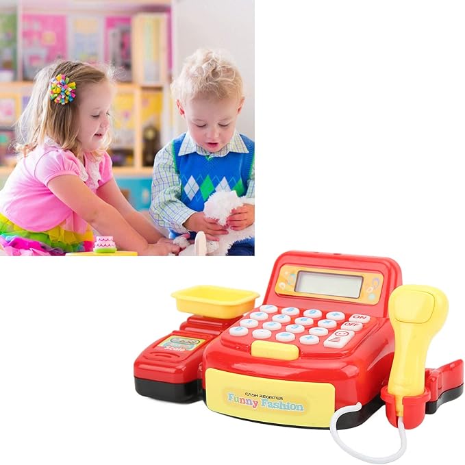 Children Mini Cash Register Toy Cashier Role Play Supermarket Shopping Checkout Money Till Toy Educational Learning Pretend Playset for Kids Girls Boys