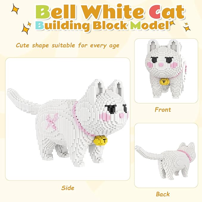 Animal White Striped Bell Cat Micro Mini Building Blocks Sets Large Cute Cat Building Kits Model Toys Gift Adults Kids Teens 5760 PCS