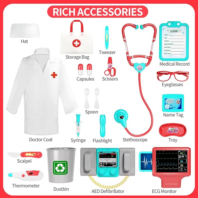 Doctor Kit for Kids, Pretend Doctor Playset for Toddlers with Cart, Costume and Stethoscope, Role Play Medical Toy for Girls Boys Toddlers 3-8 Birthday Gifts (Pink)