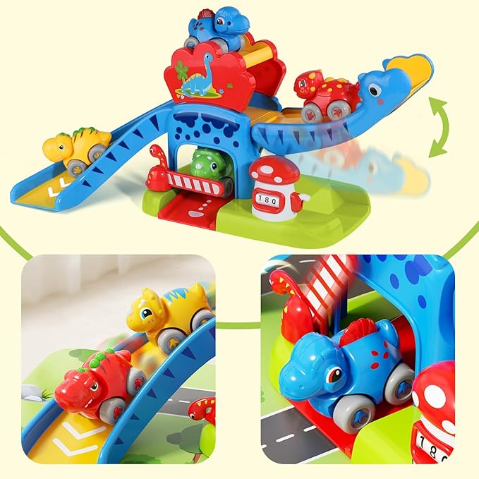 Baby Toys for 1 Year Old Boys & Girls Gift – Dino Slide Set with 4 Color & Number Push Cars – Dinosaur Toy for Toddlers, Montessori Learning Toys for 12-18 Months – 1st Birthday Gifts for Kids