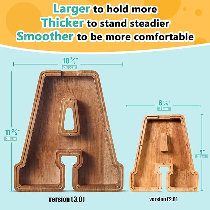 Customized Name Large Wooden Piggy Bank for Kids Boys Girls Alphabets Letter A-Z Coins Bills Money Change Bank Box Initial on Clear Cover (Laser Engraved) (Alphabet-A, Personalized-12)