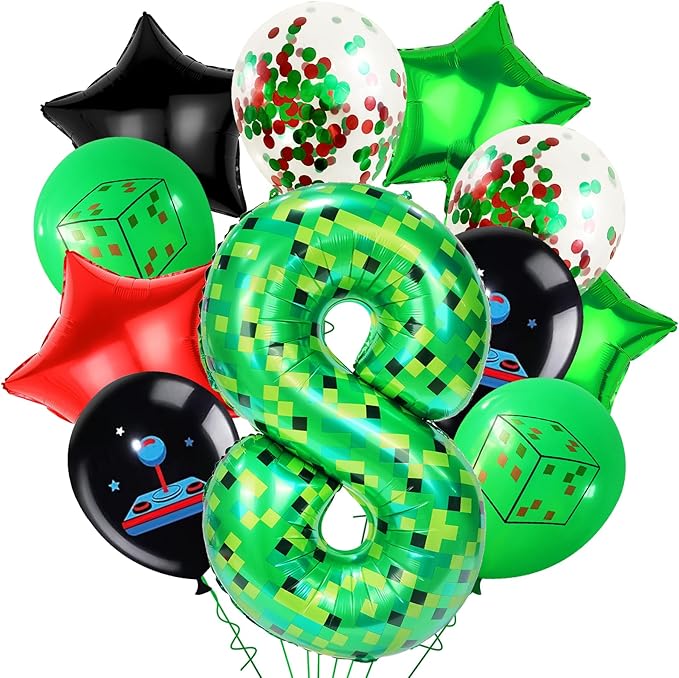 40in TNT Pixel Number 8 Balloon Birthday Decorations, Miner Theme Green Foil Balloons Blast Gaming Party Supplies