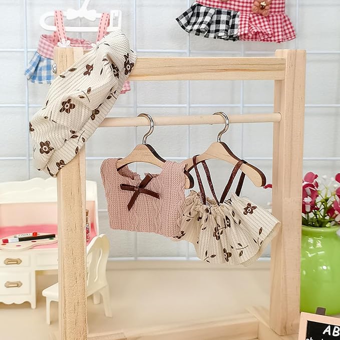 17cm Doll Clothes Set, Compatible with Labubu, Floral Dress with Lace Trim, Headband & Bear Charm Accessory (NO Doll) (Brown Floral)
