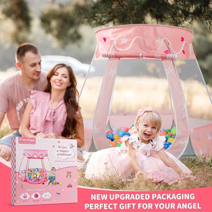 Pop Up Princess Tent with Star Light, Toys for Year Old Girl Birthday Gift, Ball Pit for Months Baby Toys, Toddler Girl Gift, Easy to Pop Up and Assemble (Pink Gray)