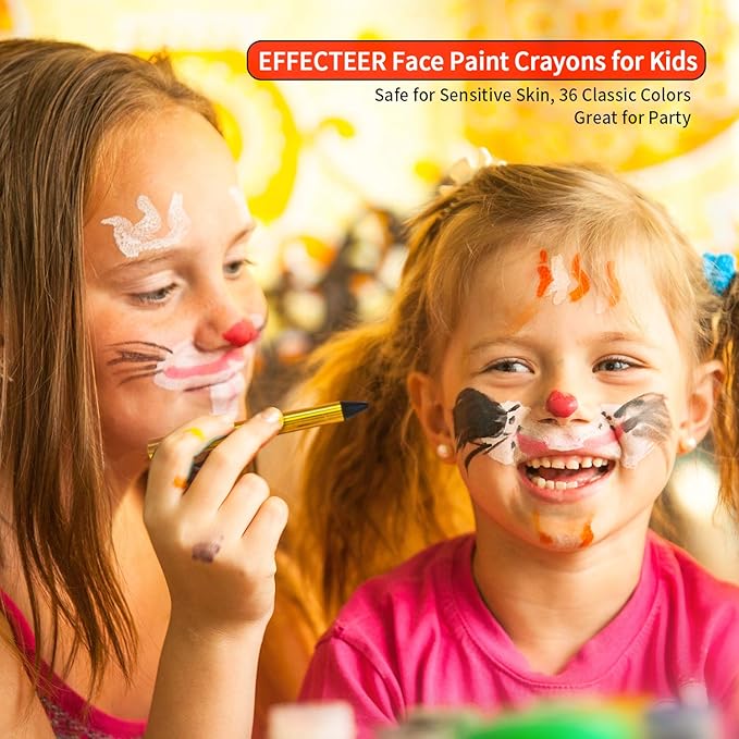 Face Paint Crayons for Kids, 36 Makeup Sticks & 36 Stencils, Professtional Face Painting kit for Halloween or Birthday Party, 6 Fluorescent, 6 Metallic & 24 Classic Colors, Safe for Sensitive Skin
