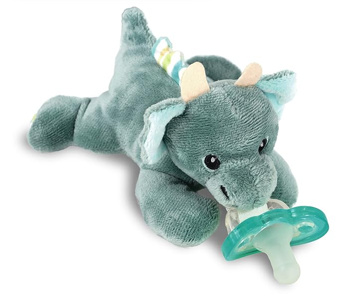 RaZbaby JollyPop Pacifier, Holder w/Detachable Baby Pacifier, Stuffed Animal RaZbuddy, All Ages 0M+, 100% Medical Grade USA Made Silicone, Machine Washable, Textured & Easy to Hold – Dragon
