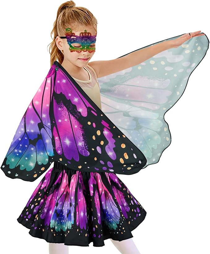 Butterfly Costume for Girls Fairy Wings Kids 4 Pcs(Cape,Skirts,Masks,Hair Clips) Butterfly Wings for Halloween Gifts
