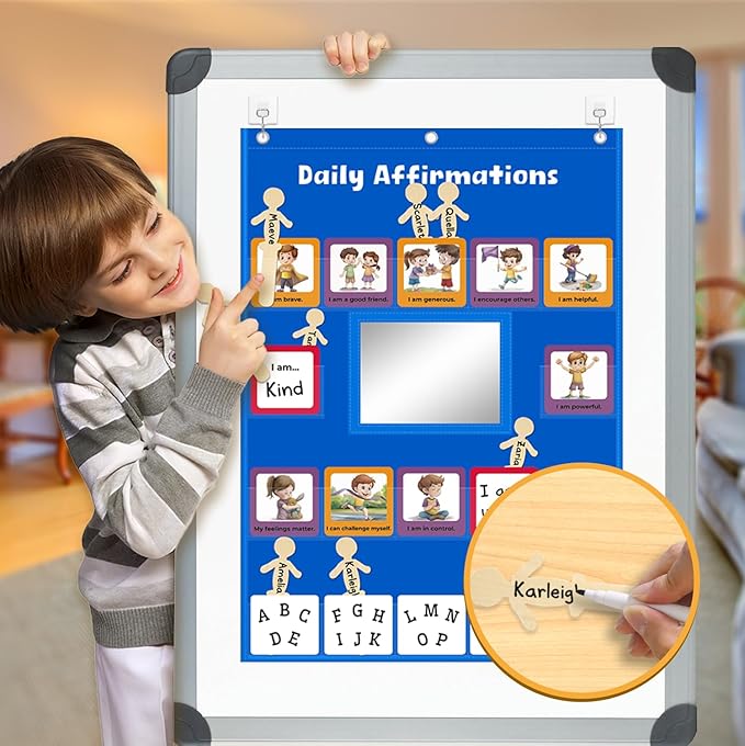 Daily Affirmations for Kids Pocket Chart with Mirror Large Pocket Chart for Classroom, Mindfulness Affirmation Mirror for Toddler with 47 Cards Calm Down Corner Supplies (Blue)