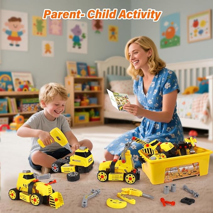 9 in 3 Take Apart Toys with Electric Drill Take Apart Truck Construction Set DIY Engineering Building Push Go STEM Toy Gift for Boys Ages 4-7 Years Old Gift