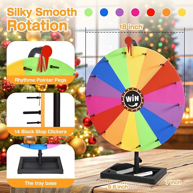 18-inch Tabletop Prize Wheel, Prize Wheel Spinner with Stand & Storage Base, Featuring a Prize Wheel with 14 Customizable Color Sections. Suitable for Party Games, Family Games (Original)