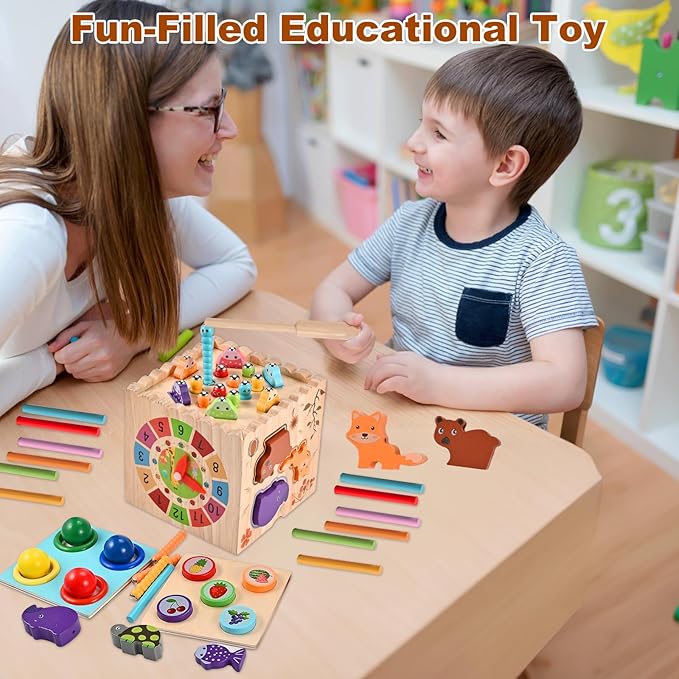 Wooderma Activity Cube, 10-in-1 Wooden Montessori Toys for Toddlers,Multipurpose Educational Sensory Toy for Baby, Preschool Learning Fine Motor Skills Game, First Birthday Gifts for 3 4 5 Year Old
