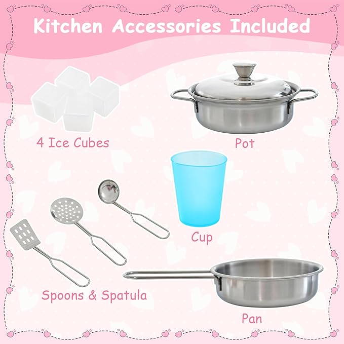 HONEY JOY Pink Kids Kitchen Playset, Wooden Little Chef Pretend Toy Kitchen Set w/Chalkboard, Telephone, Utensils, Oven, Microwave, Sink, Play Kitchen for Toddlers, Gift for Boys Girls, Pink