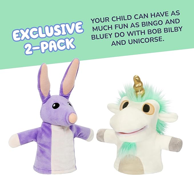 Bluey Unicorse and Bob Bilby Plush Puppet Pack of 2, 8-9”, Soft, Animal Puppets Made for Little Hands, Cuddly Puppets for Kids Ages 3+