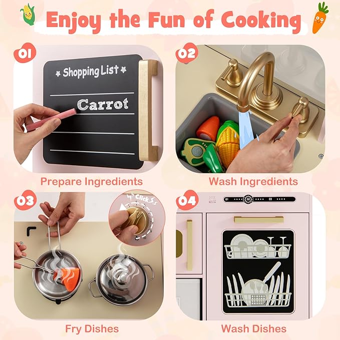 Costzon Kids Kitchen Playset, Wooden Pretend Play Kitchen w/Real Lights & Sounds, Chalkboard, Microwave, Ice Maker, Dishwasher, Sink, Cookware Accessories, Play Kitchen for Kids Ages 3+ (Pink)